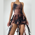 Halter backless tie dye ruffle mini dress  | Festival Outfits Women