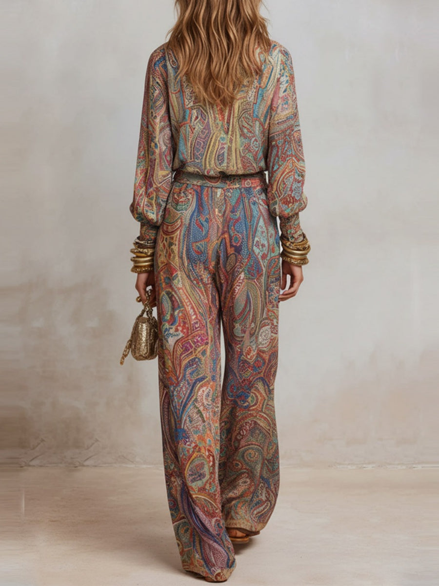 Hippie Style Exotic Style Printed Shirt Printed Wide-leg Pants Set 2-piece Sets