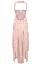 Sleeveless Open Back Ruffle Trim Slit Maxi Dress