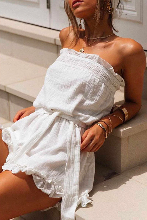 Off Shoulder Sleeveless Tie Waist Ruffle Romper