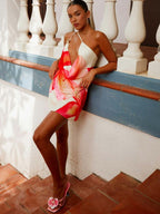 One-shoulder Floral Print Halter Dress With A Flared Neckline