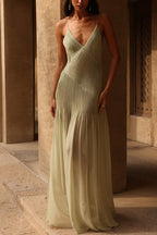 V Neck Backless Pleated Patchwork Side Slit Maxi Cami Dress