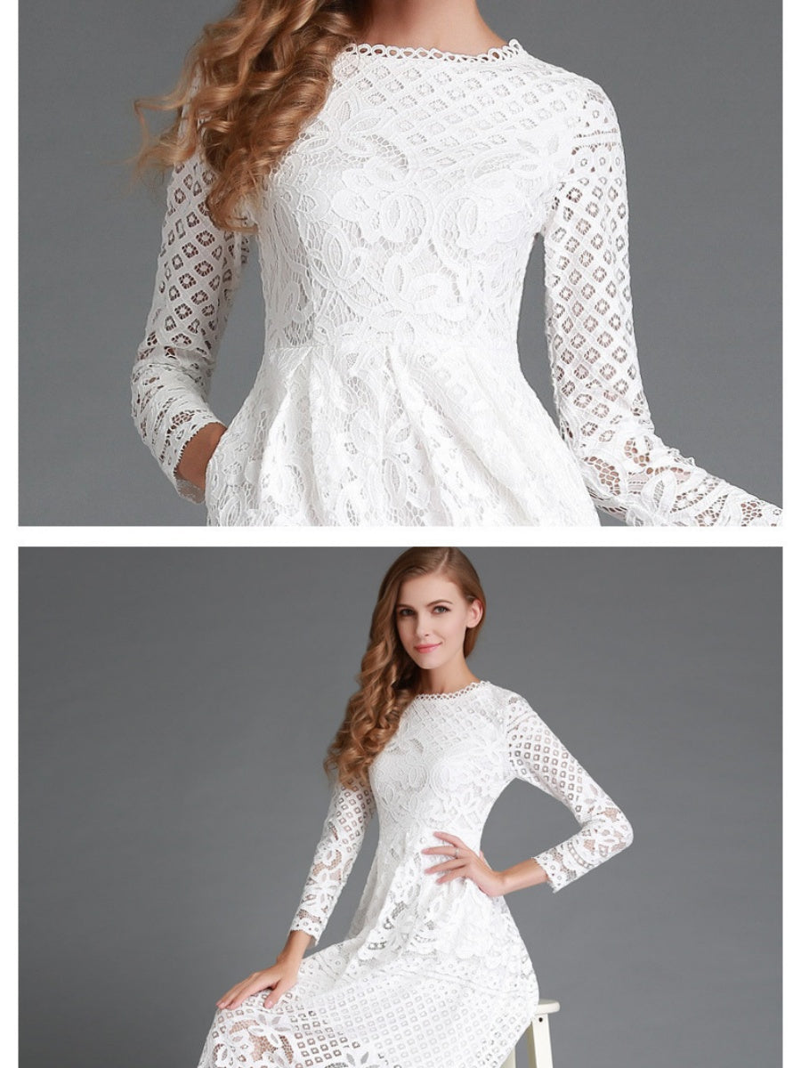 Round Neck Lace Long Sleeve Slim Midi Dress