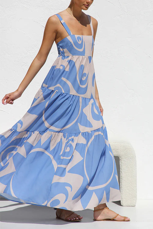 Adjustable Strap Waisted Soleil Print Ruffle Maxi Dress