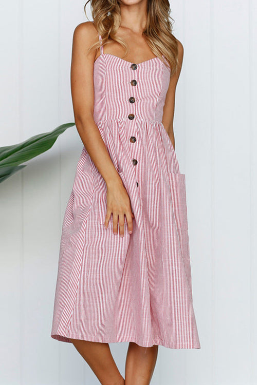 Sunflower Print Spaghetti Strap Button Front Fit and Flare Midi Dress