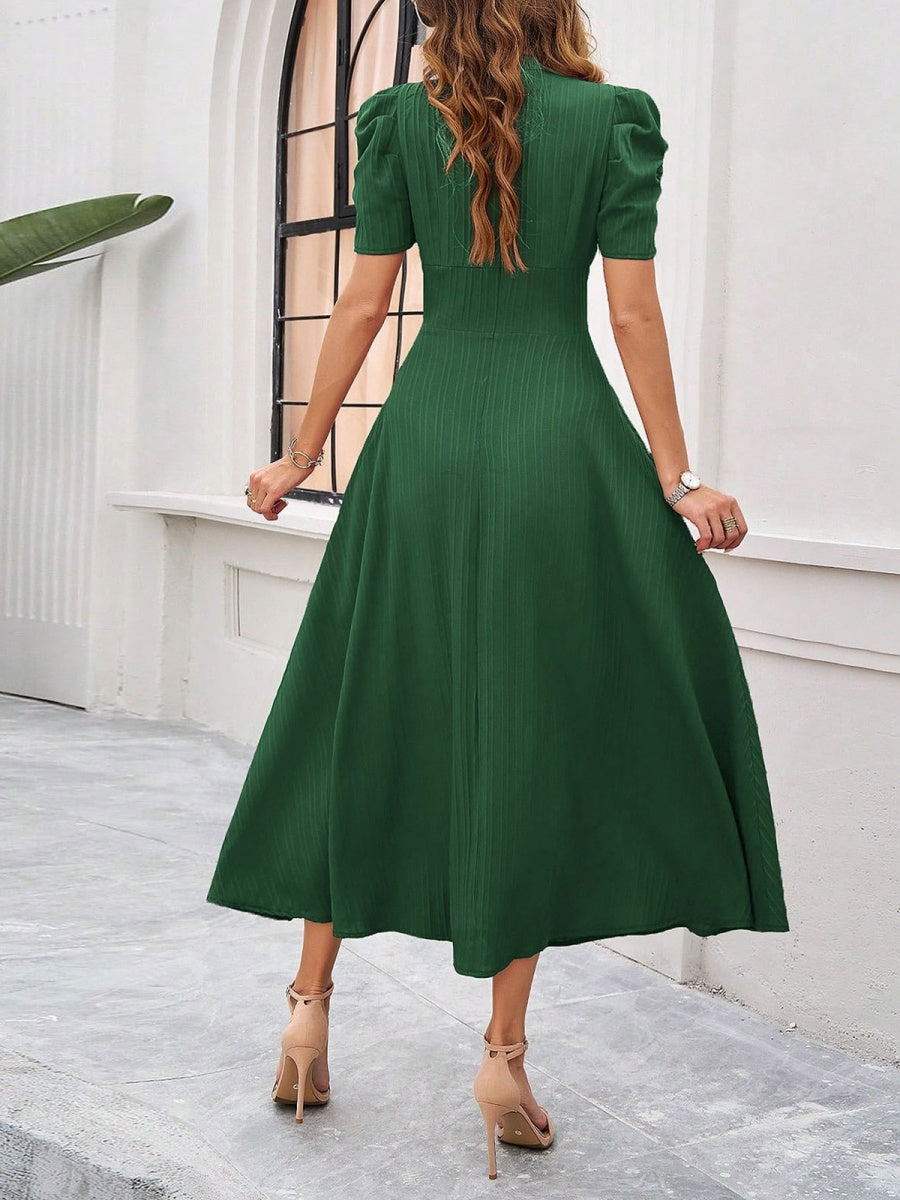 Pleated Waist Short Sleeve Maxi Dresses