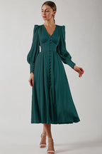 Deep V-Neck Bishop Sleeve Button Front Smocked Waist Midi Dress