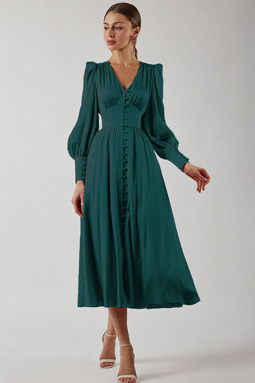 Deep V-Neck Bishop Sleeve Button Front Smocked Waist Midi Dress
