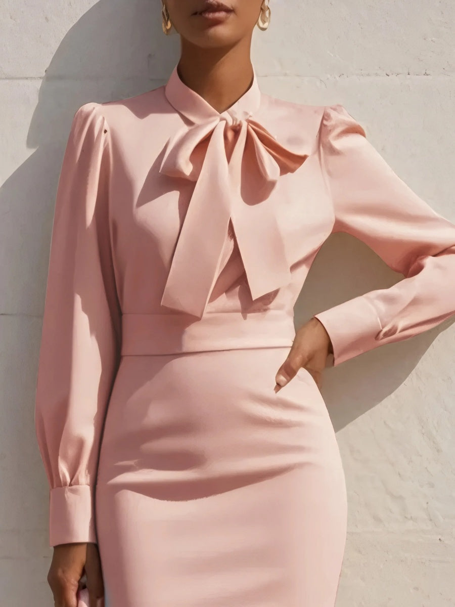 Bow Waist Long Sleeve Midi Dresses