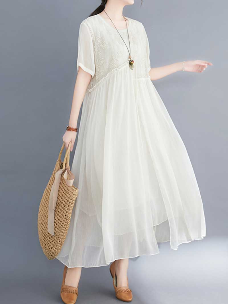 Embroidered Silk Round-Neck A-Line Dress