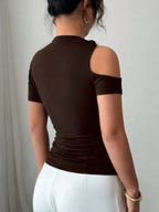 Asymmetrical Neckline, One-shoulder, Metallic Embellishment, Slim-fitting T-shirt