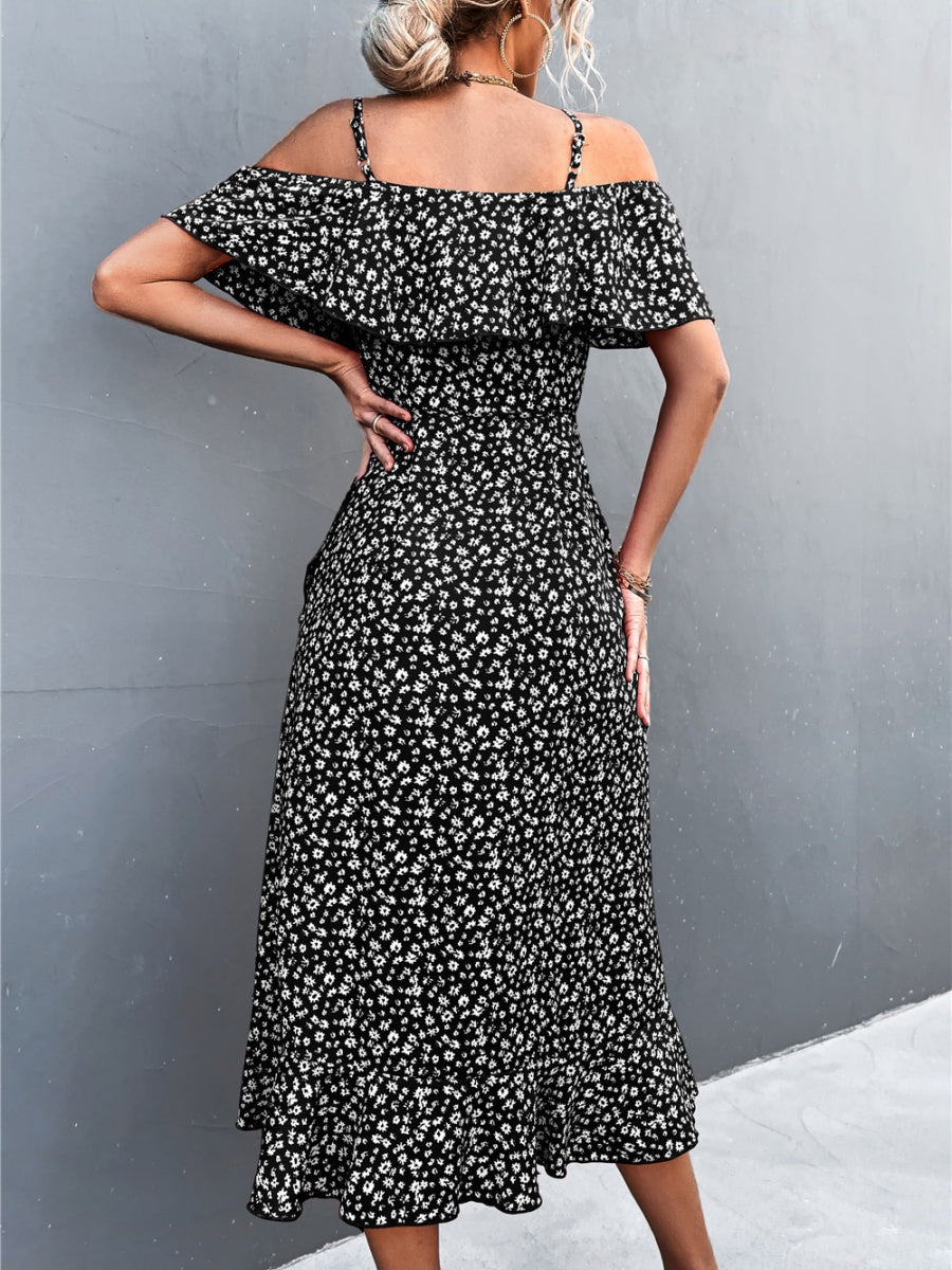 Off-the-shoulder Floral Print Sundress With Ruffles, Midi Length