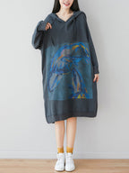 Loose Ethnic Floral Hooded Sweatshirt Dress
