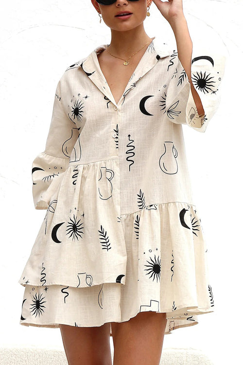 Novelty Sketch Print Collar V-Neck Button Front Tiered Smock Mini Dress