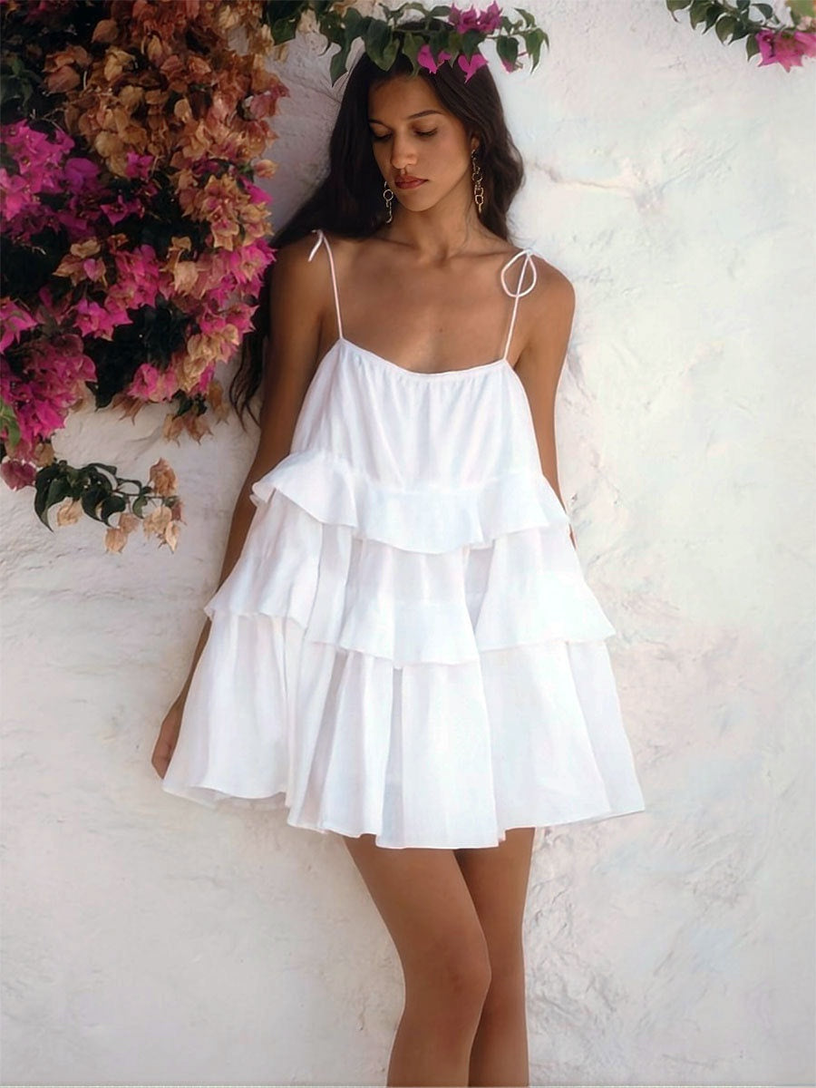 Pure Cotton Cake Skirt Backless Camisoles Beach Cover-up Mini&Short Dresses