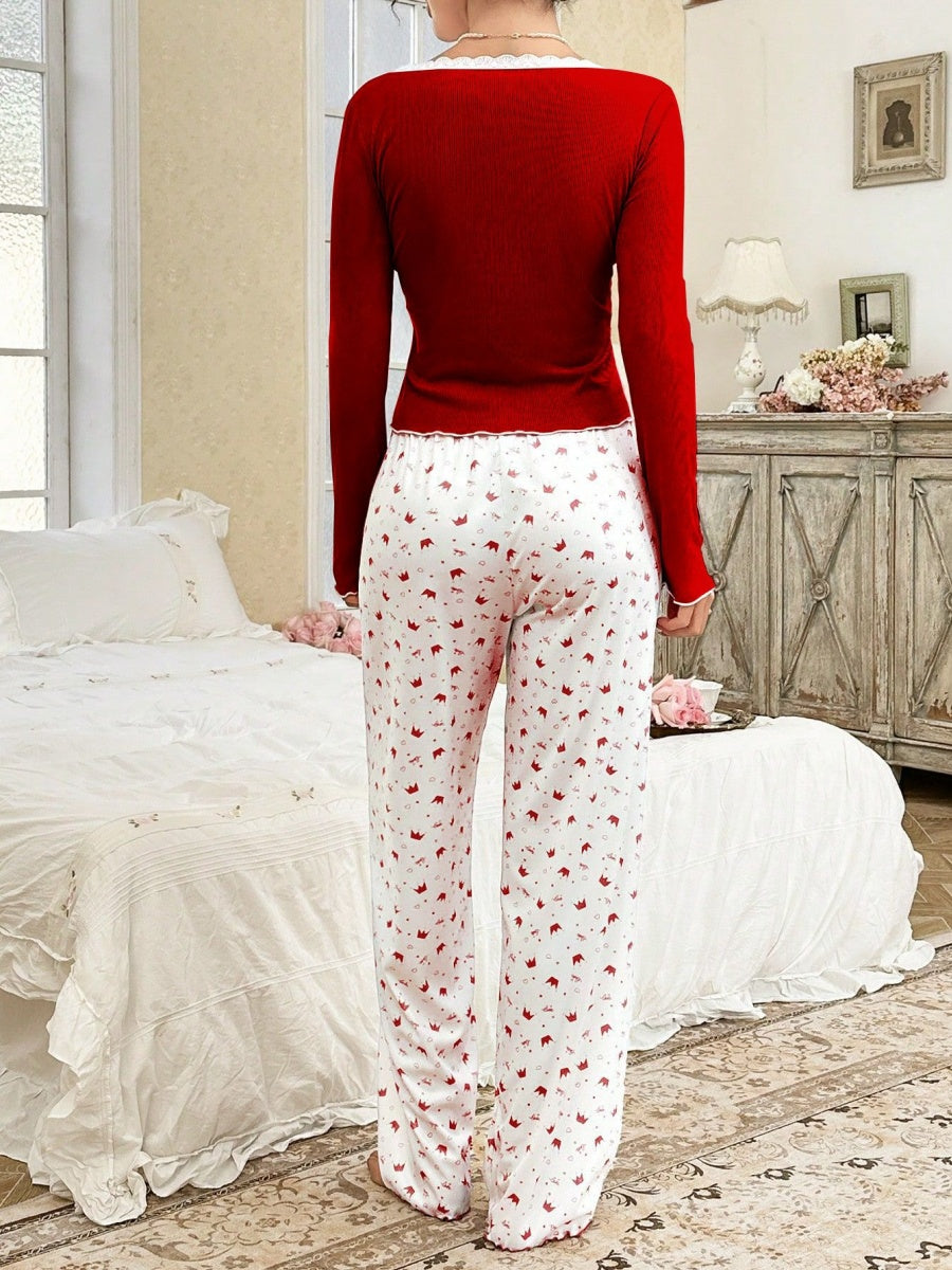 Lace-trimmed Round Neck Crown Print Long-sleeved Pajamas Set