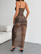 Leopard Print Lace Patchwork See-through Fishbone Pleated Ribbons Maxi Dresses