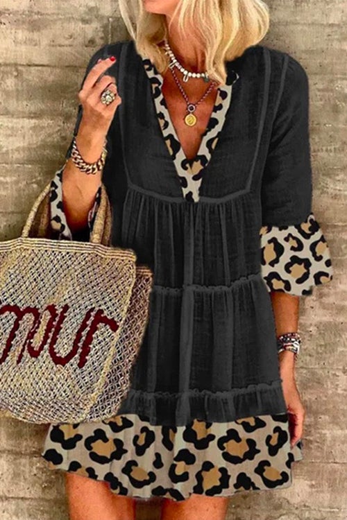 V Neck Leopard Splice Swing Dress