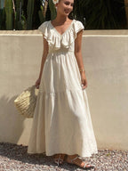 Lace-trimmed Loose-fitting V-neck Apricot Long Dress