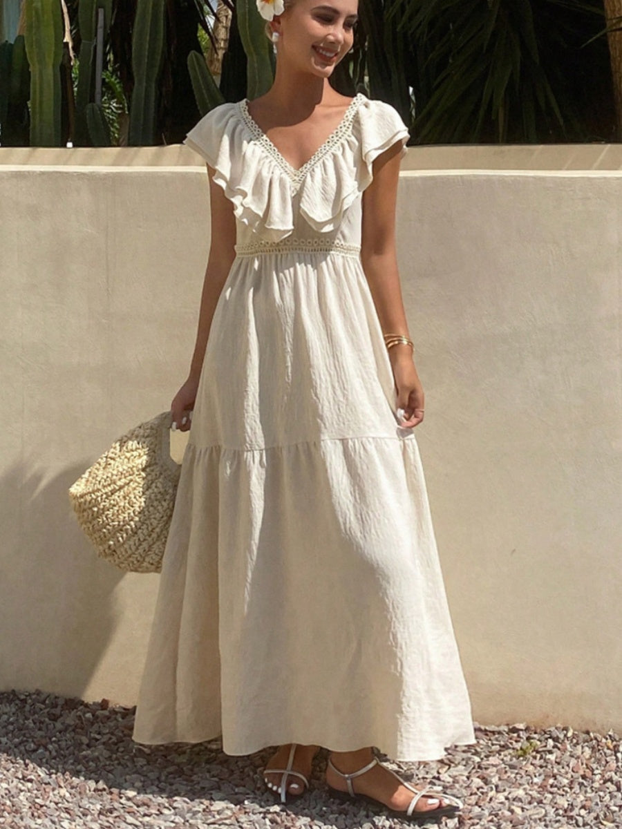 Lace-trimmed Loose-fitting V-neck Apricot Long Dress