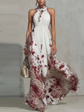 Floral Leopard Print Turtleneck Sleeveless Temperament Vacation Maxi Dresses