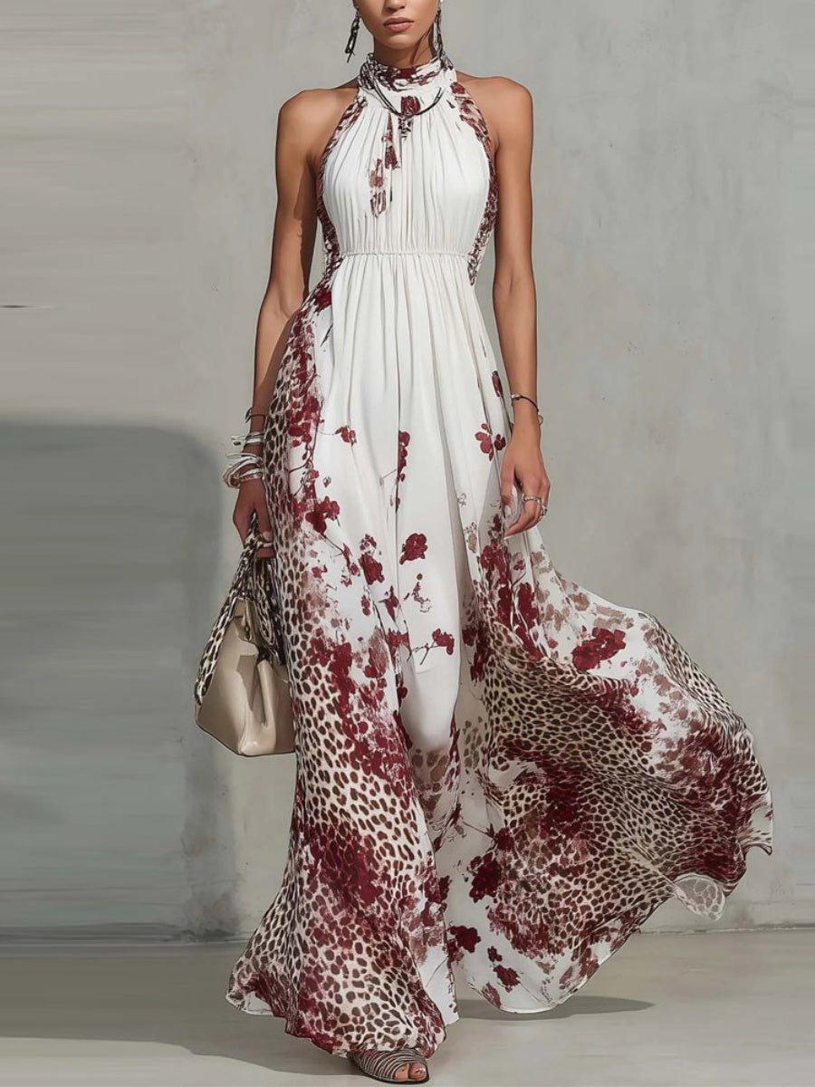 Floral Leopard Print Turtleneck Sleeveless Temperament Vacation Maxi Dresses
