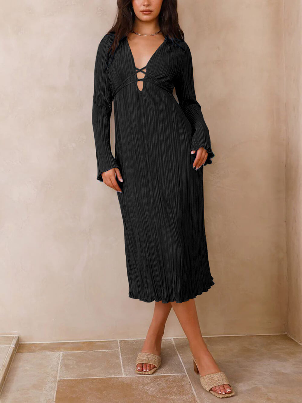 Lace-Up Plunging V-Neck Pleated Long Sleeve Empire Midi Dress