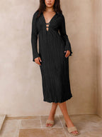 Lace-Up Plunging V-Neck Pleated Long Sleeve Empire Midi Dress