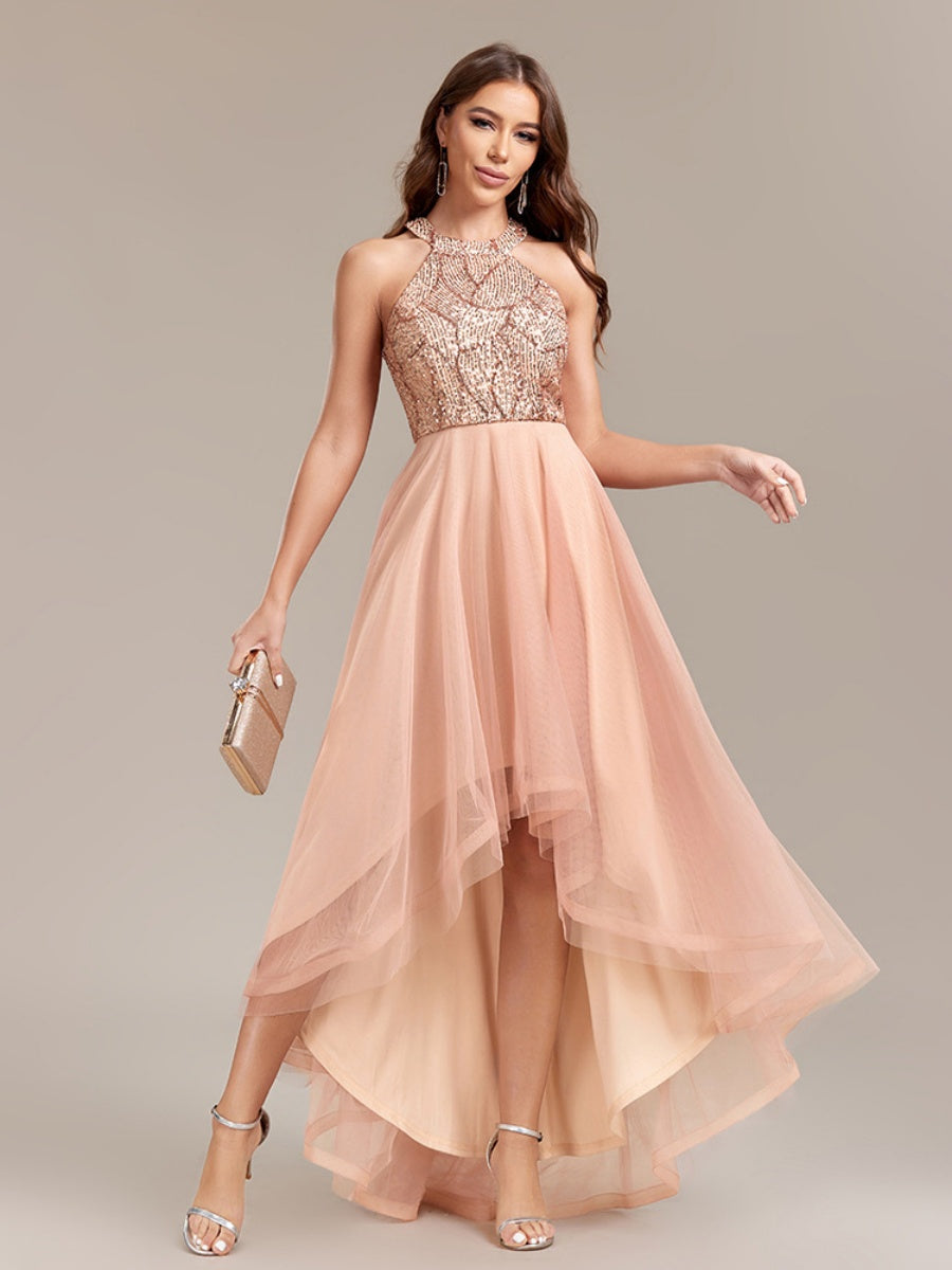 Halter Sequins Mesh Irregular Hem Formal Dress Maxi Dresses