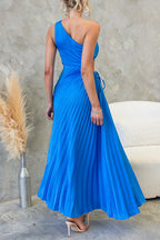 One Shoulder Drawstring Cut Out Waist Pleated Maxi Dress