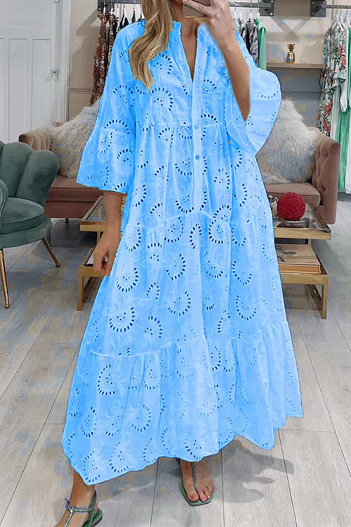 V Neck Flare Sleeves Lace Hollow Out Tiered Maxi Dress