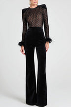 Feather Cuffs Bell Bottom Velvet Splice Jumpsuit