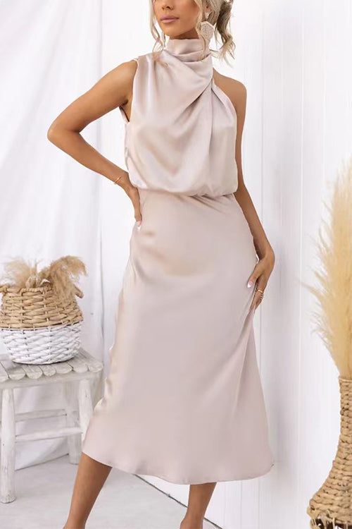 High Neck Zipper Back Waisted Satin Midi Dress