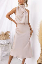 High Neck Zipper Back Waisted Satin Midi Dress