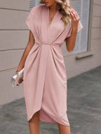 V-neck Solid Color Sleeveless Pleated Mini&Short Dresses
