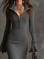 Zipper Lapel Flared Sleeves Fishtail Maxi Dresses