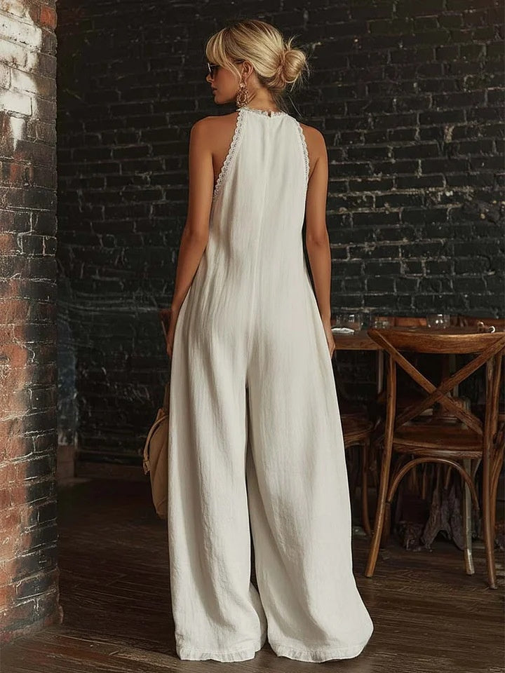 Elegant And Comfortable Lace-trimmed Loose Linen Jumpsuit