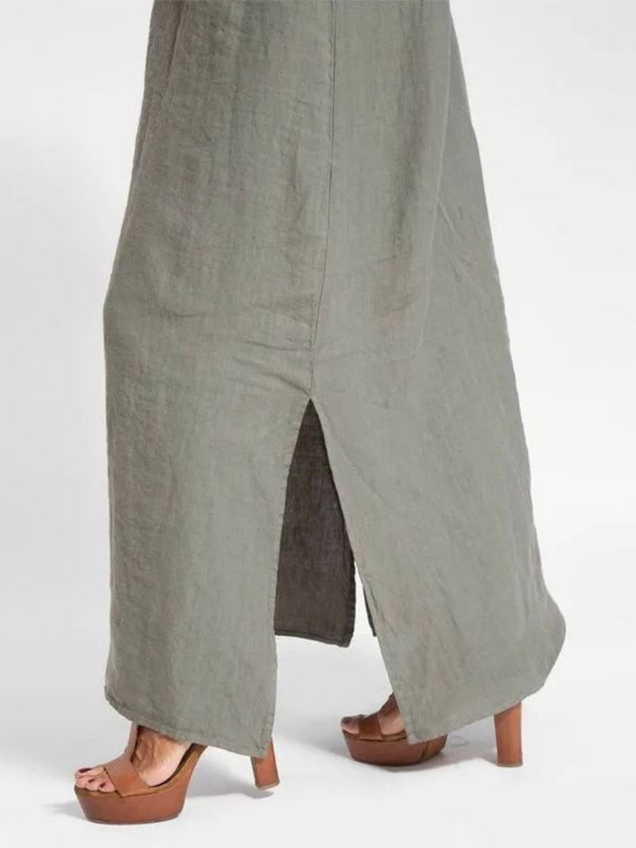 Cotton Linen Slit Spaghetti Strap Long Dress