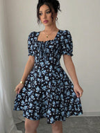 Floral Print Puff Sleeve Bow Tie Short Dress
