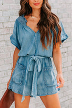 V Neck Short Sleeves Tie Waist Pockets Denim Romper