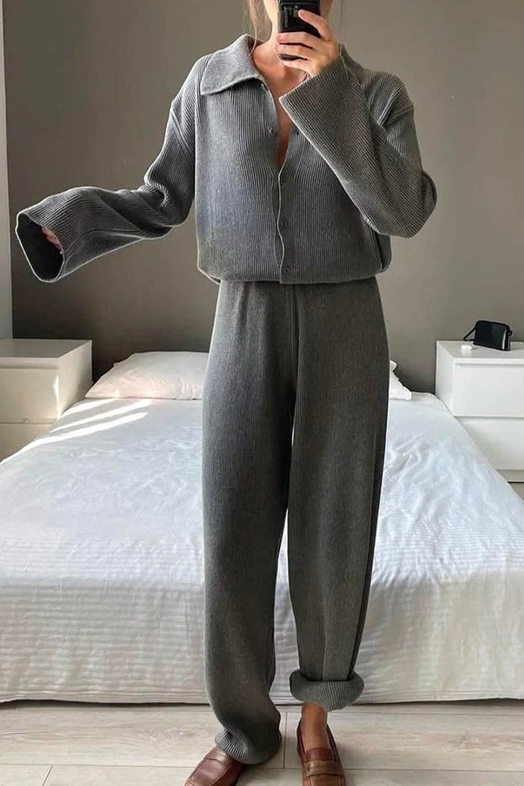 Lapel Button-down Ribbed Knit Two-piece Set