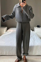 Lapel Button-down Ribbed Knit Two-piece Set