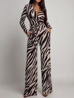 Zebra Print V-neck Long Sleeve Wide-leg Pants Jumpsuits