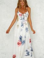 High-slit V-neck Floral Print Suspender Maxi Dress