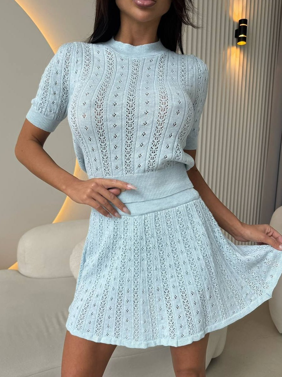 Jacquard Knitting Hollow Short-sleeved Top Skirts Set 2-piece Sets