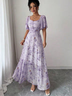 Floral Lotus Leaf Sleeves Sweetheart Collar Vacation And Leisure Maxi Dresses