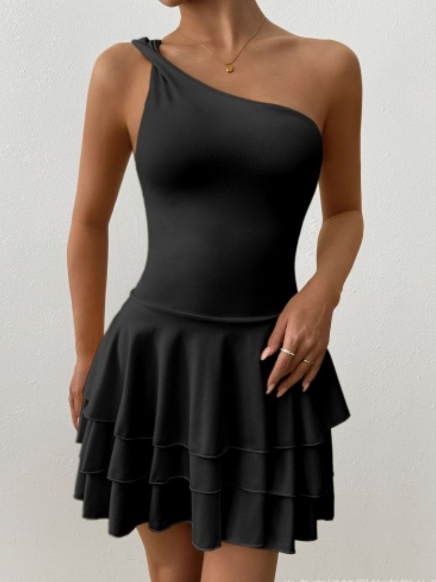 Slanted Shoulder Neck Backless Ruffle Mini&Short Dresses