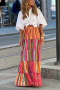 Elastic Waist Ruffle Tiered Color Block Printed Maxi Skirt