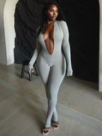 Deep V Backless Tight-fitting, Hip-lifting, Long-sleeved, Solid Color Bodysuits