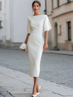 Grace One-shoulder Collar Mid-length Sleeves Slim-fit Midi Dresses